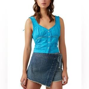 Free People Kerry Embroidered Blue Ruffle Trim Tank Top - Size Small